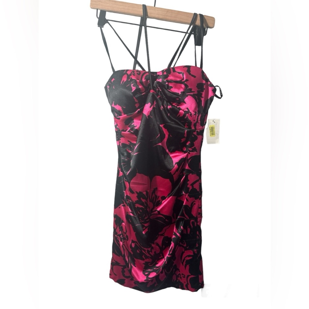 NWT B DARLIN Black Pink Floral Mini Dress Size 7/8, Ruched Side HOCO Cocktails
